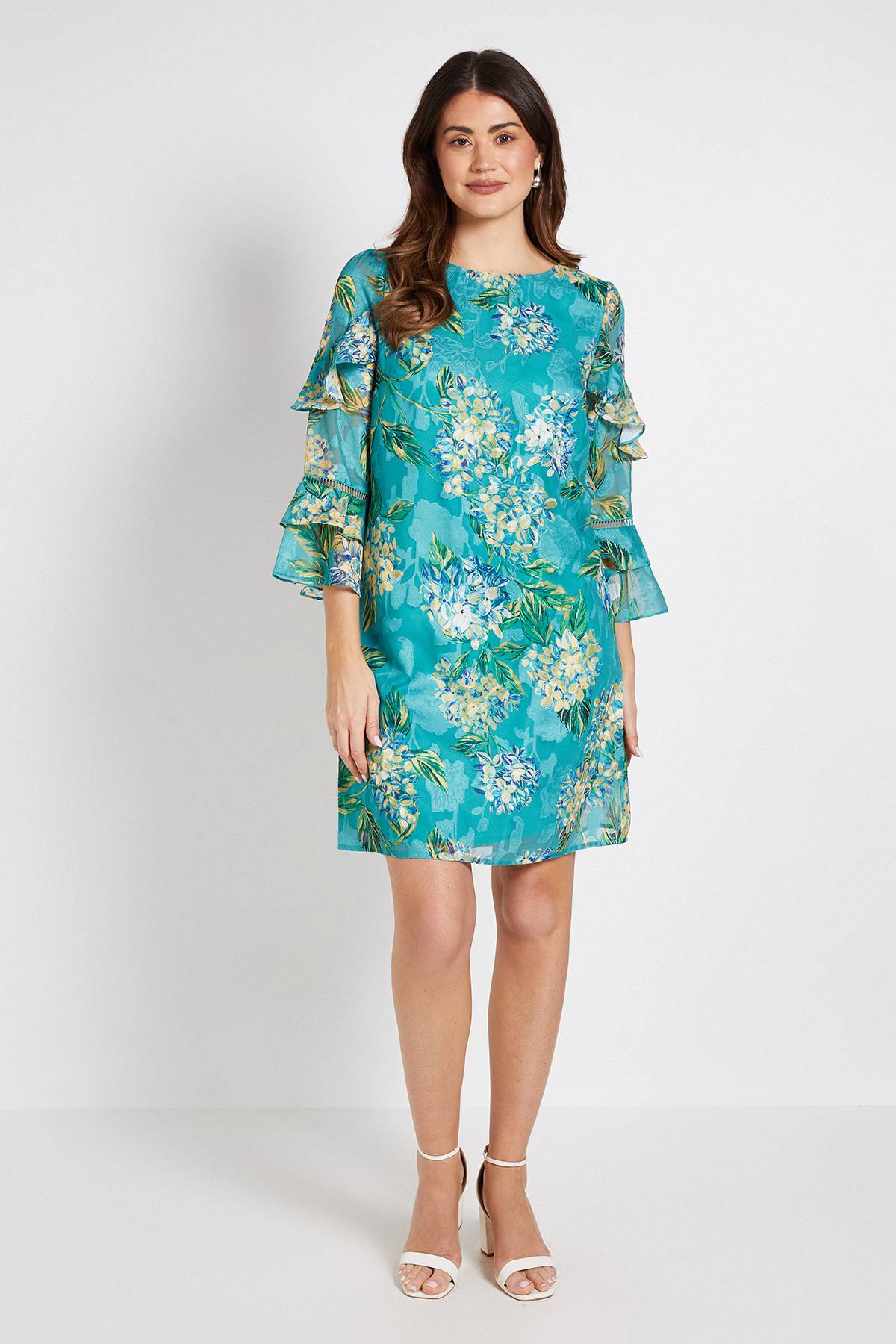 Wallis Robe Droite À Volants Motif Floral Dévoré
