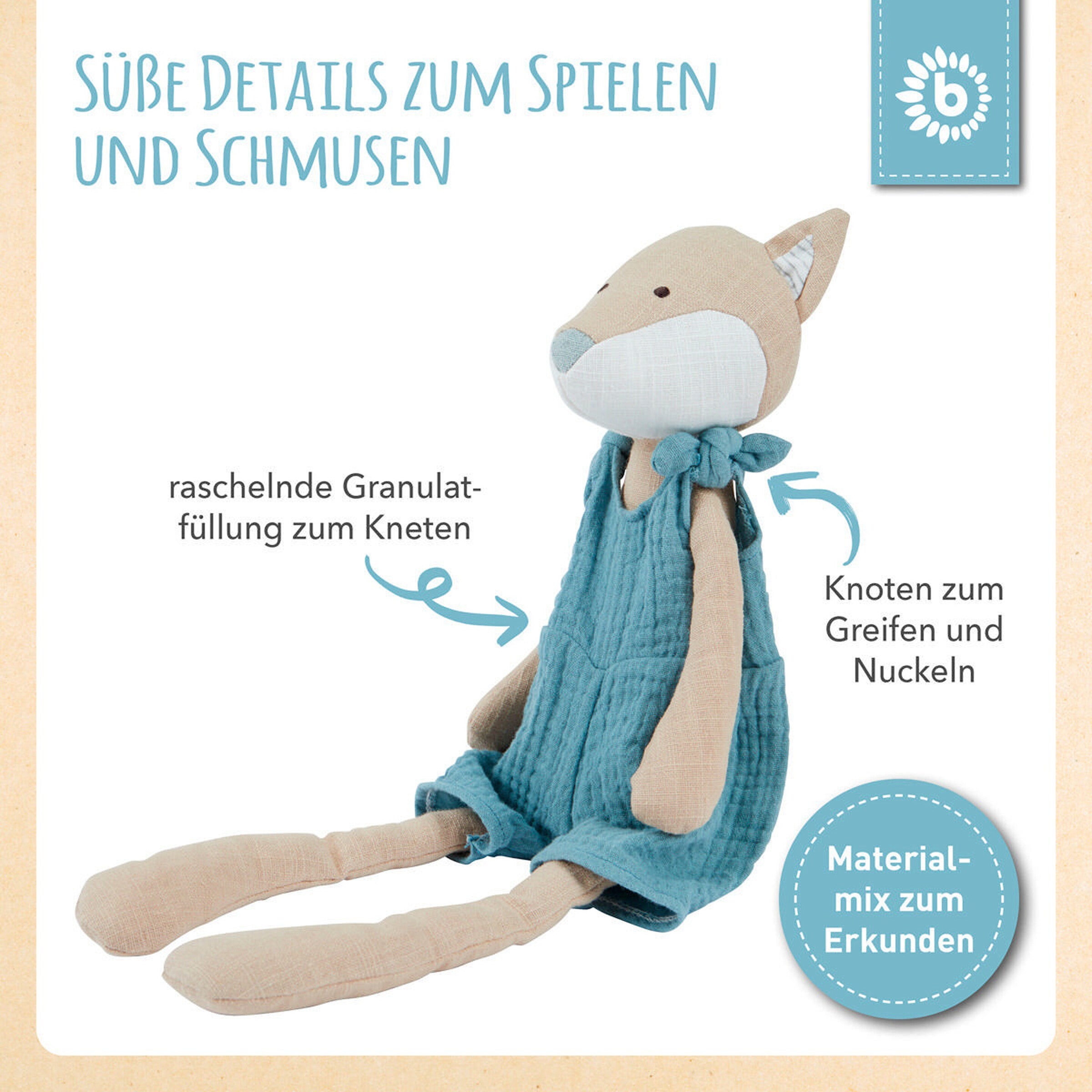 Bieco Kuscheltier aus Leinen & Musselin Fuchs - ab Geburt Blau