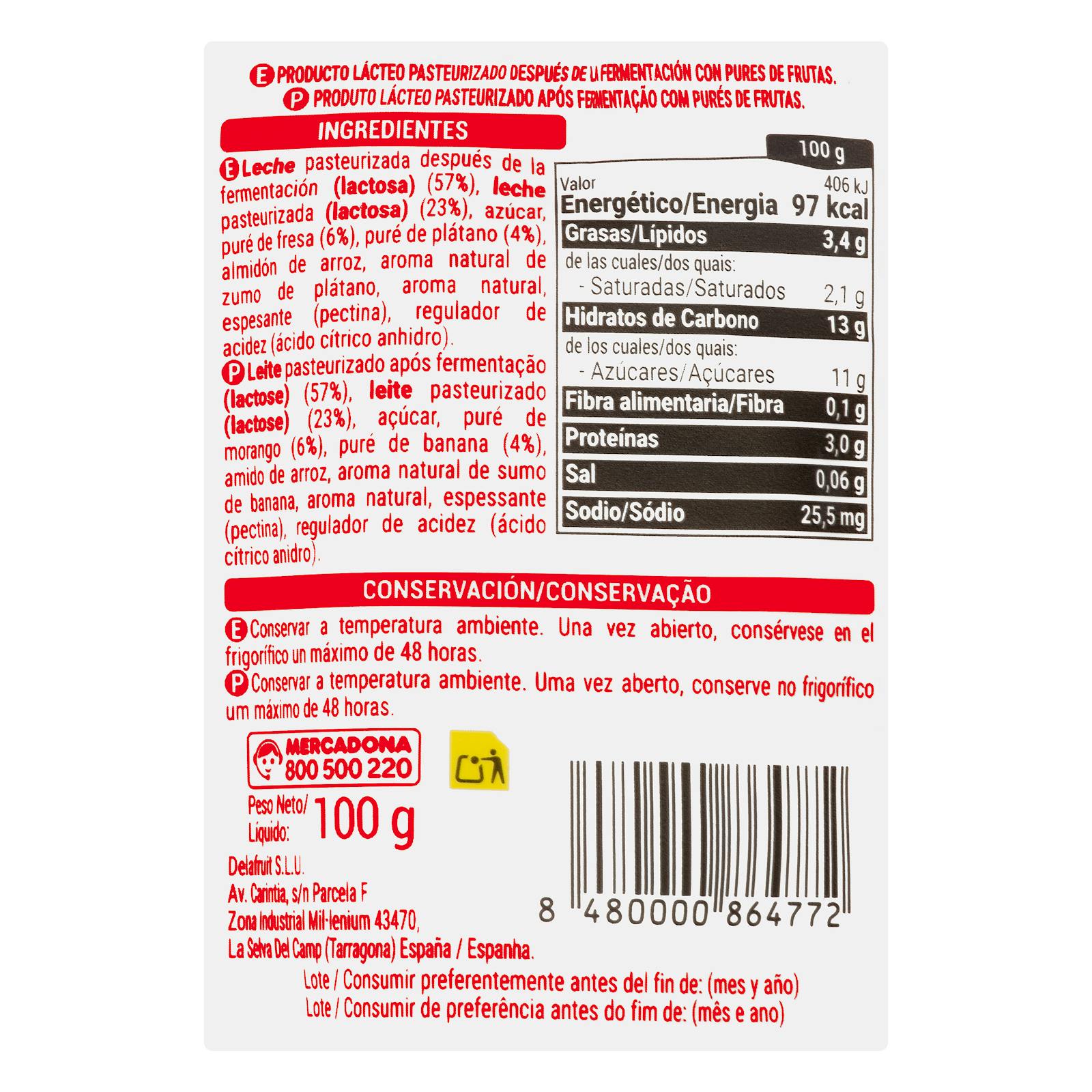 Dessert laitier pour nourrissons Hacendado Fraise et Banane +8 mois
