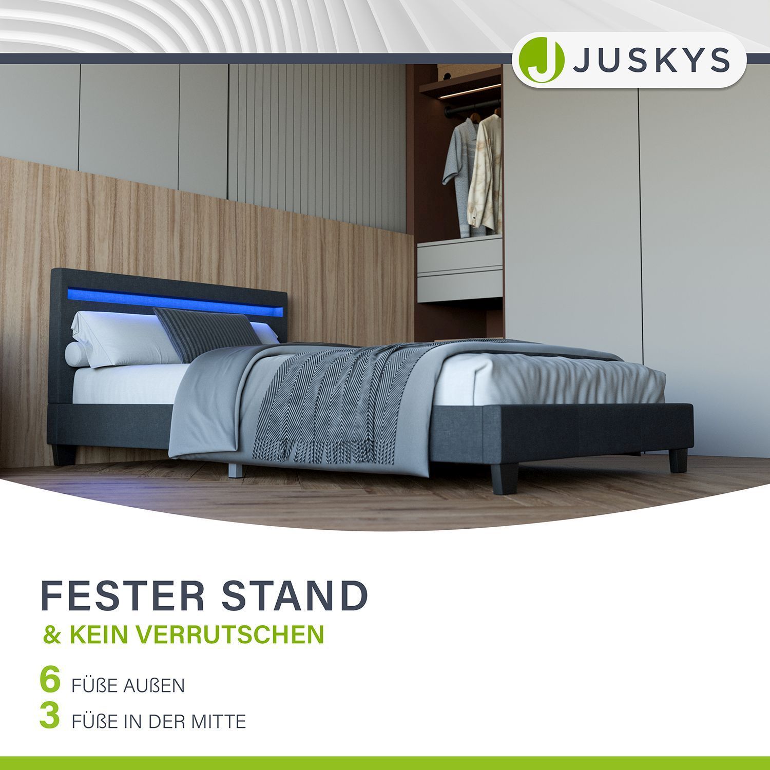 Juskys Polsterbett Verona grau | 120×200 cm | Bettgestell LED-Beleuchtung, Lattenrost & Matratze