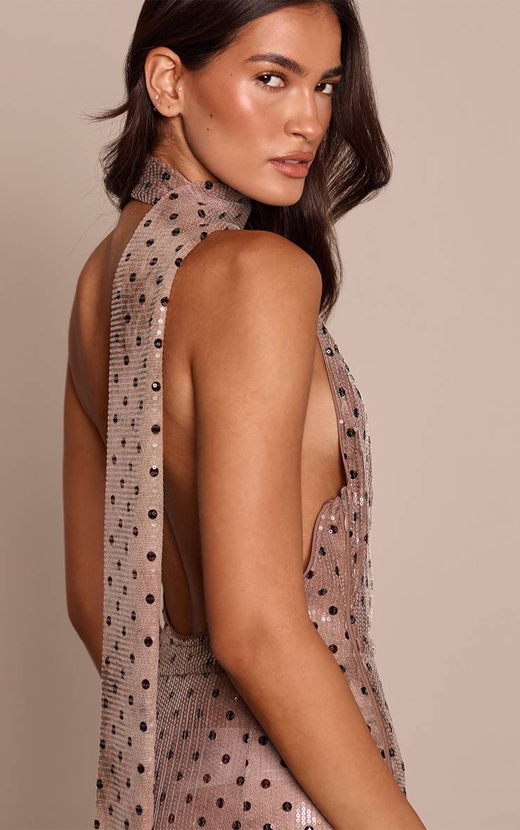 Taupe Robe Longue À Pois Sequins Avec Détail Foulard