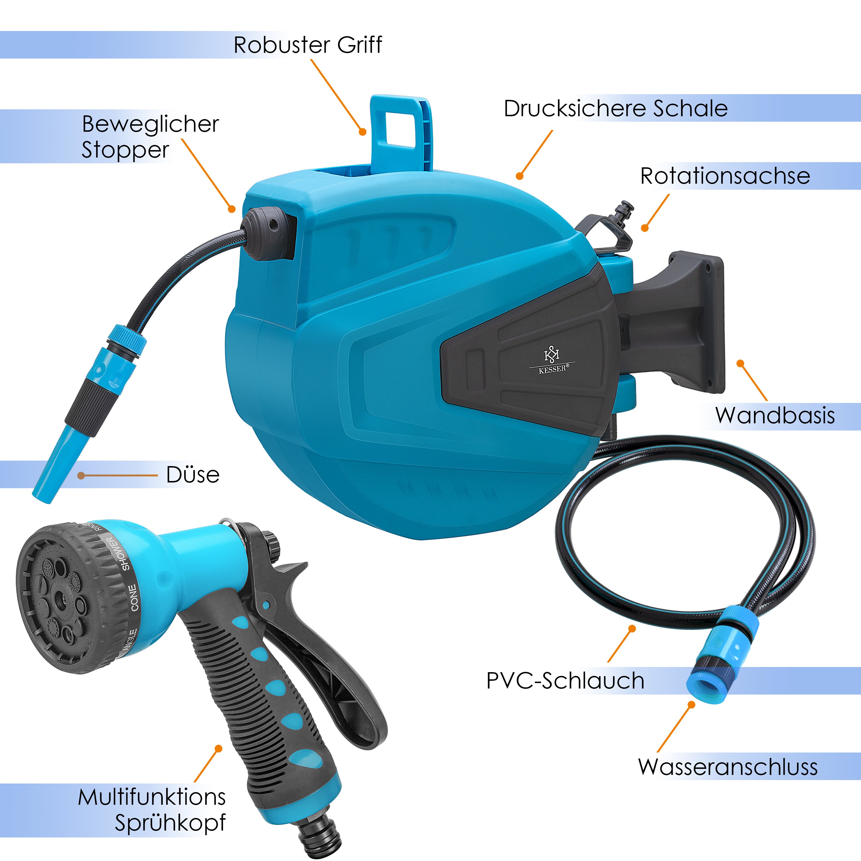 KESSER® Schlauchtrommel Wasser Schlauchaufroller Inkl. 2-Wege-Verteiler + Multi-Handbrause Wasserschlauchtrommel Automatik | 180° Schwenkbar | Wandhalterung | Gartenschlauch | Orange