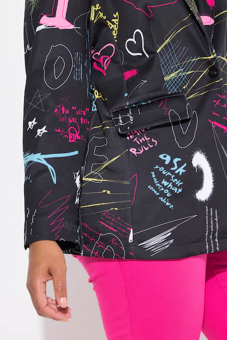 Blazer, Scribbledruck, Revers, farbiges Futter, schwarz