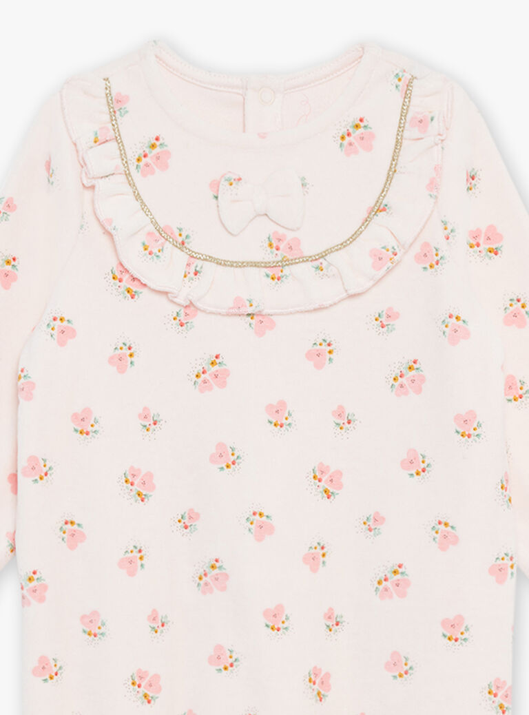 Grenouillère en velours rose poudré avec coeur et fleur
