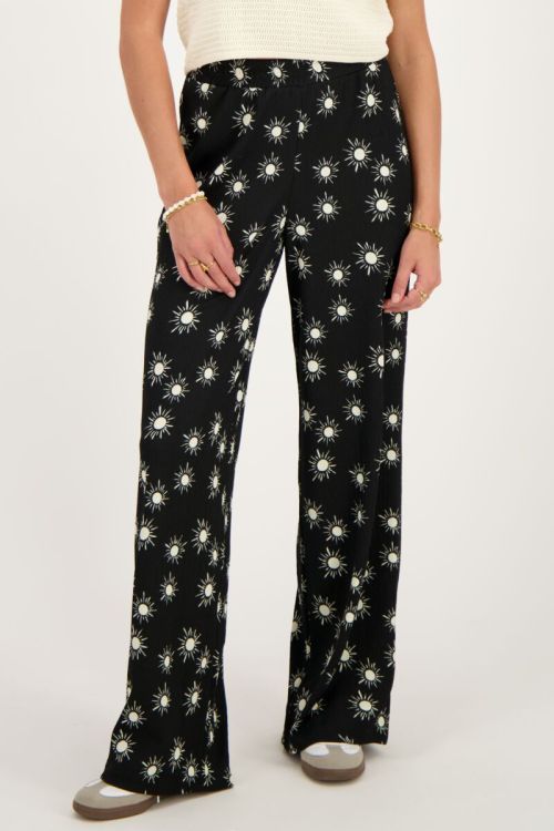 Zwarte crinkle broek met zonnetjes print