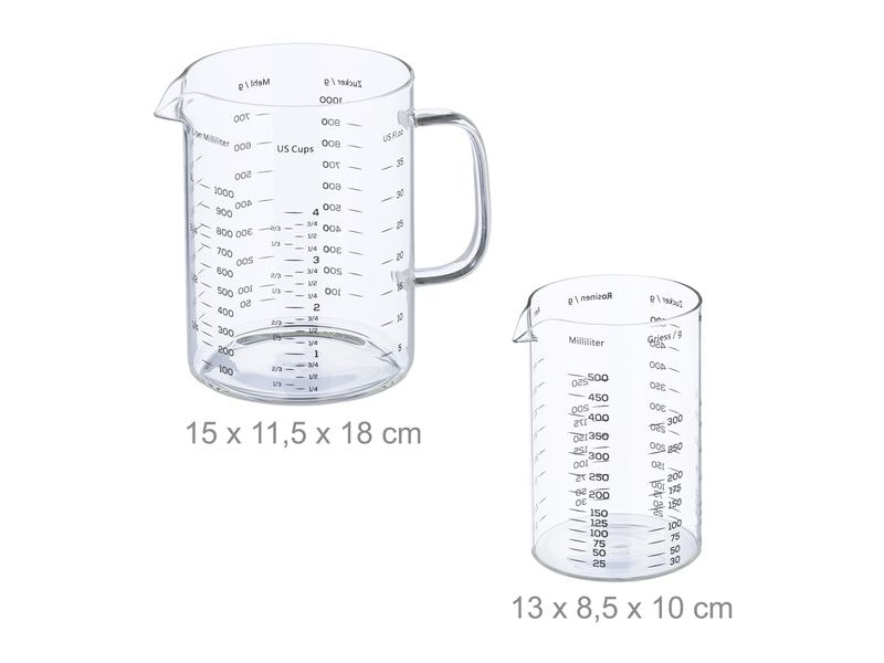 relaxdays Messbecher Set 2 Stück, Transparent Messbehälter in 2 Grössen