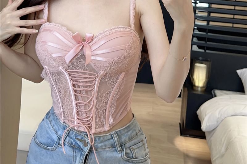Manicotto - Effen crop top met strik en kantpaneel