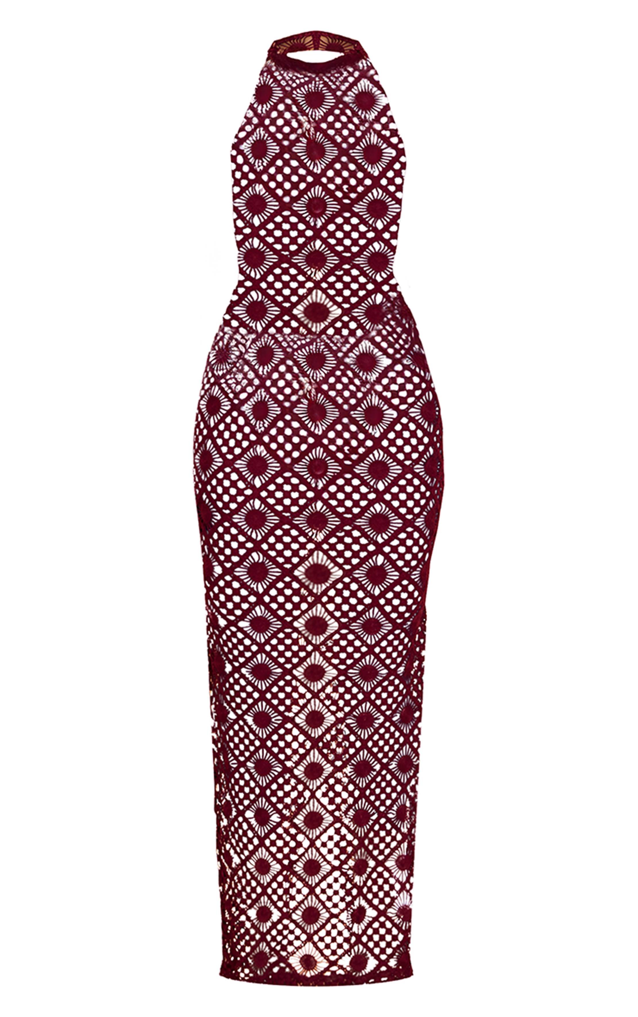 Rouge Foncé Robe Longue Moulante PLT Label En Crochet À Col Montant Et Dos Ouvert