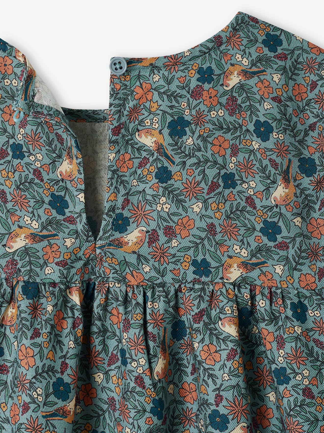 Vestido fluido com babados e motivos florais, para meninas, azul escuro