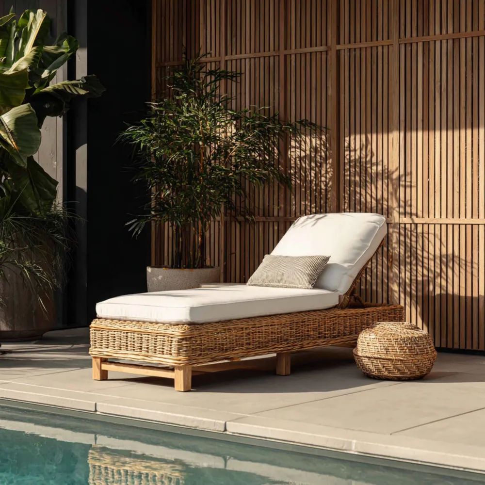 Gartenliege aus Rattan mit Kissen – Naturholz – 200x70x35 cm
