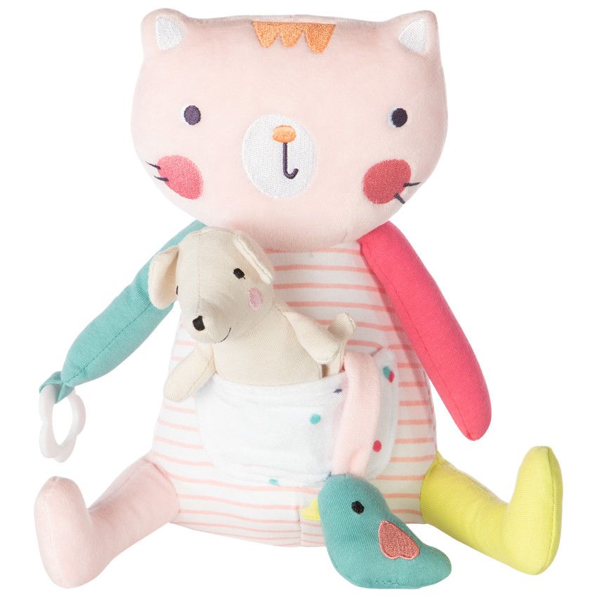 Peluche d'activités forme chat en velours avec souris - Rose