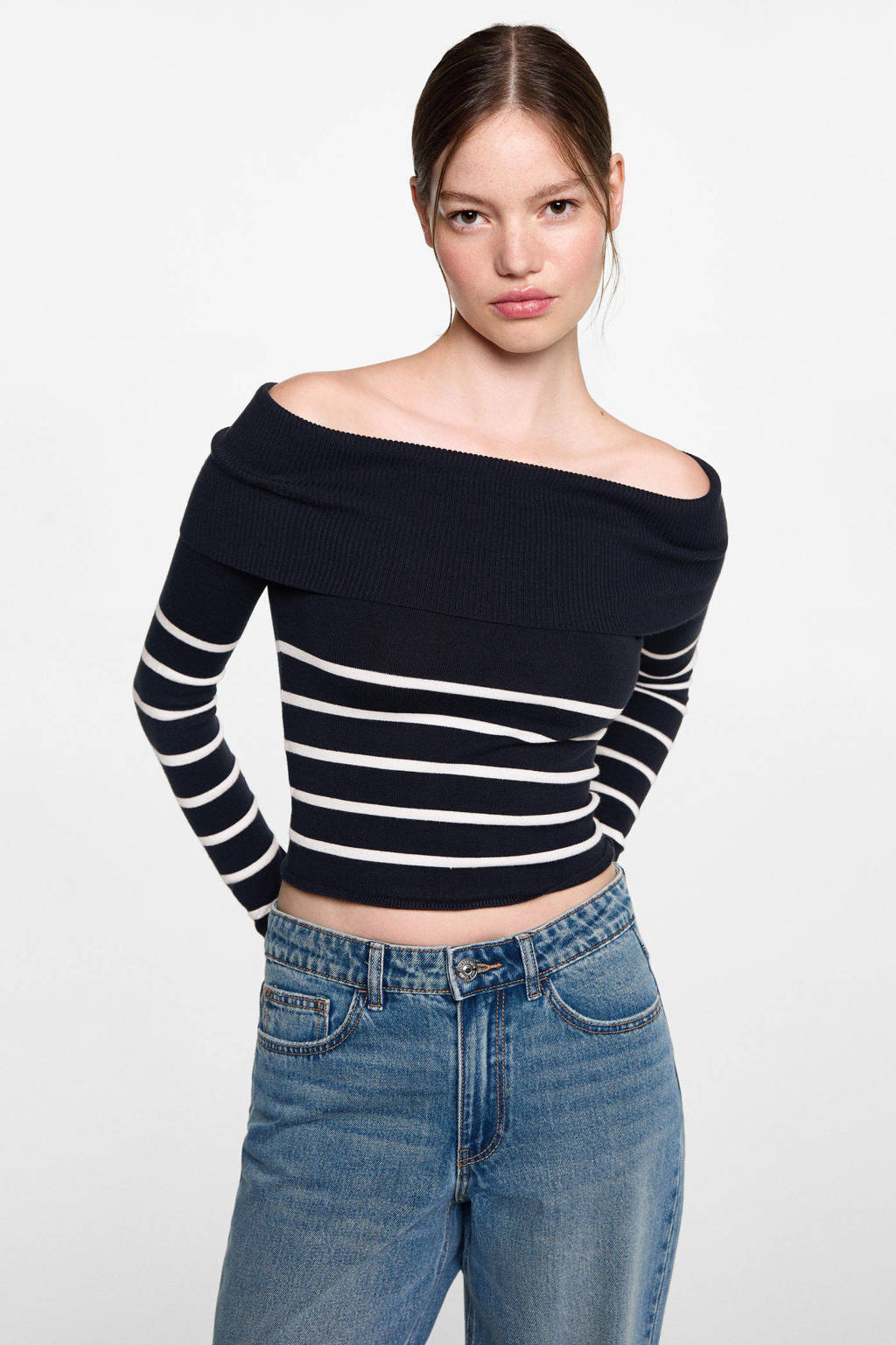 MANGO TEEN gebreide offshoulder truimarine/wit