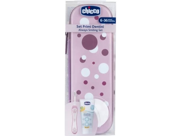 CHICCO_SET Always with a Smile Lila tannkrem Apple Banana 6-36m 50ml + tannbørste med myk bust