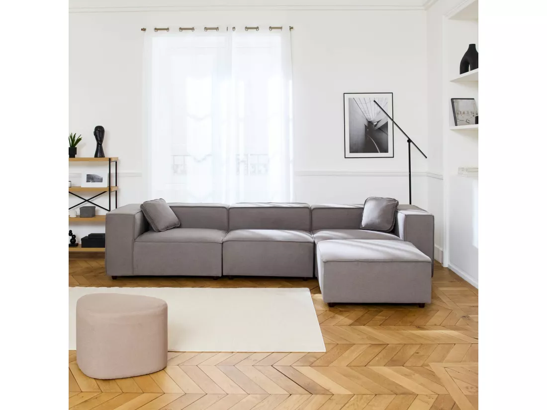 Canapé modulable tissu gris 3-4 places déperlant. 2 corners + 1 assise + 1 pouf