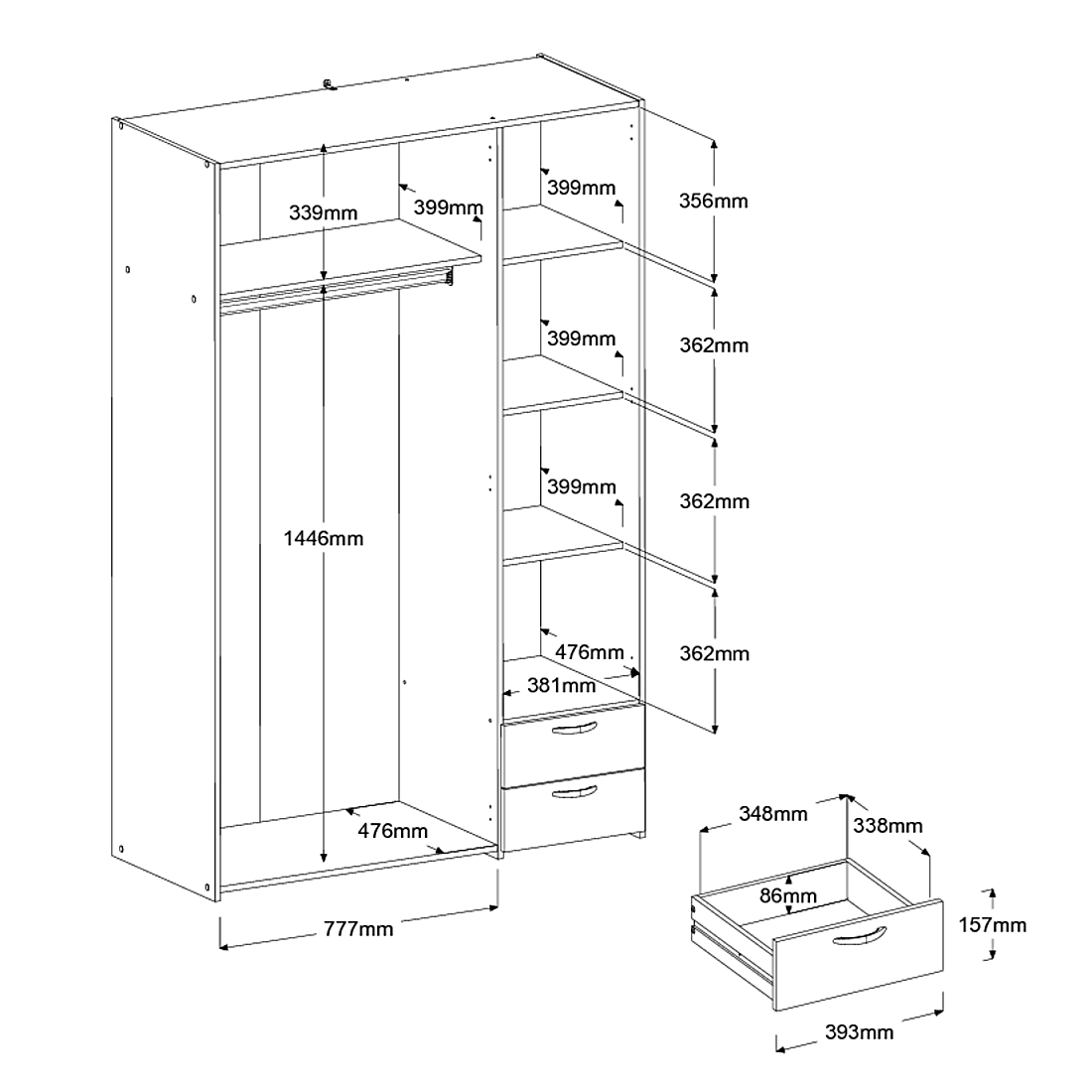 Kleiderschrank DAILY 2 - weiß - 3 Türen - 120 cm breit