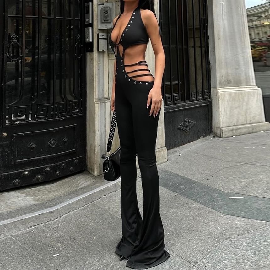 BrickBlack - Halter jumpsuit met effen studs en uitgesneden uitlopende pijpen