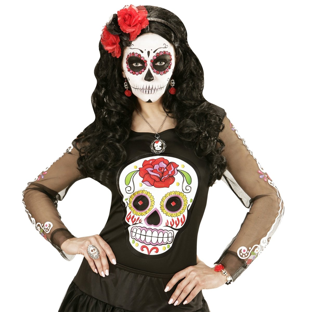 Halloween Oorbellen Rood Wit Schedels Met Roos