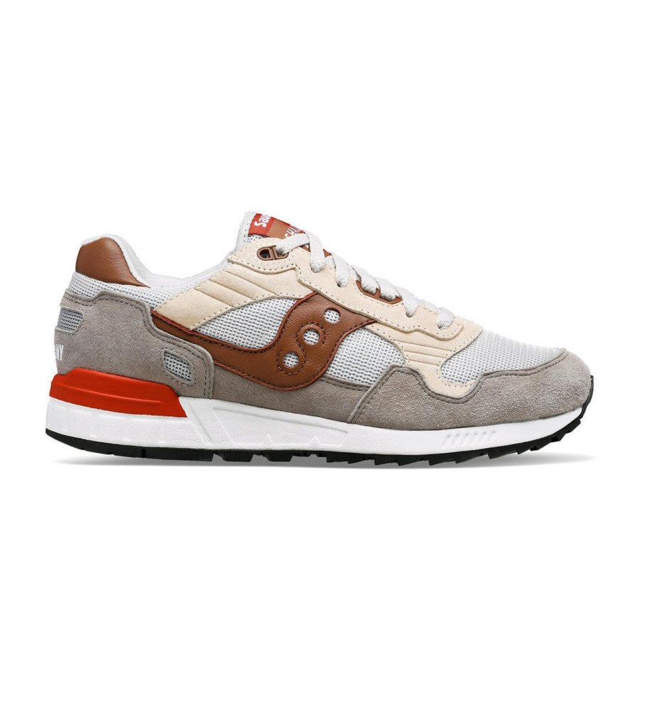 Tênis Saucony Shadow 5000 de couro, cinza e marrom.