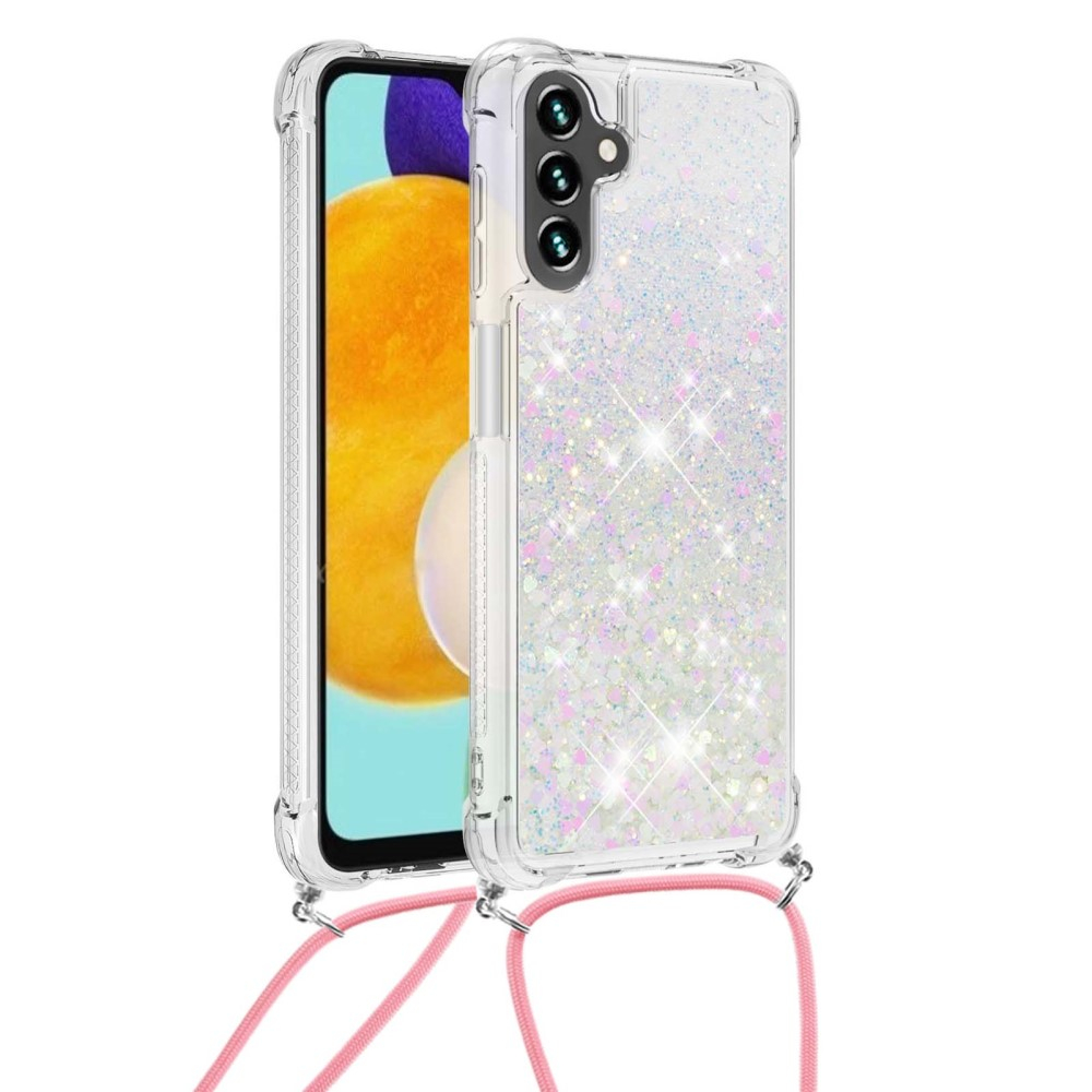 Samsung Galaxy A54 5G Necklace Gummi Hülle Liquid Glitzer   Handykette (130cm) - Rosa / Silber