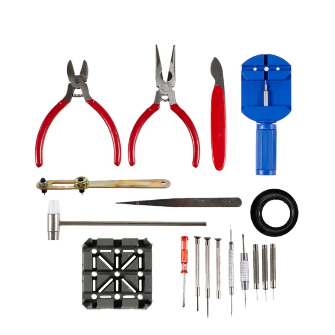 (18-tlg. Set) Universal Uhrenwerkzeug Set für Uhrenreparatur mit Pinzette / Gliederentferner / Uhrengehäusehalter / Lupe / Zange