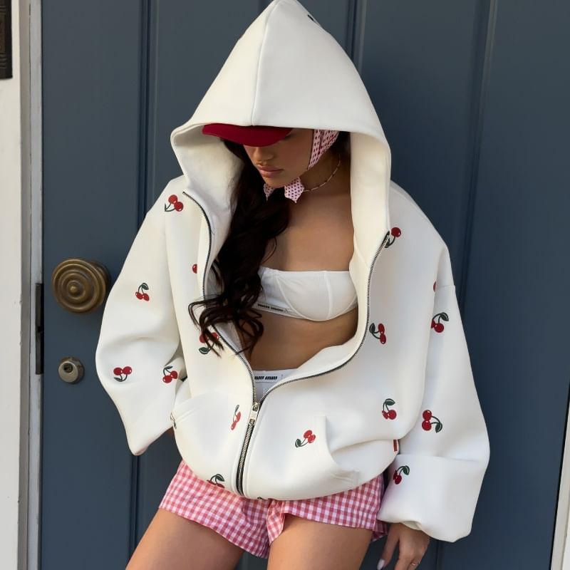 500 STUDIO - Oversized hoodie met kersenprint en rits