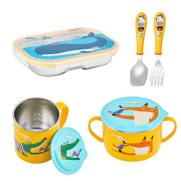 Kit repas enfant en inox jaune : boite repas, bol, tasse et couverts C