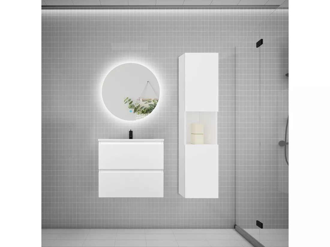 Ensemble meuble vasque 60cm 2 tiroirs + lavabo + colonne + miroir rond,blanc