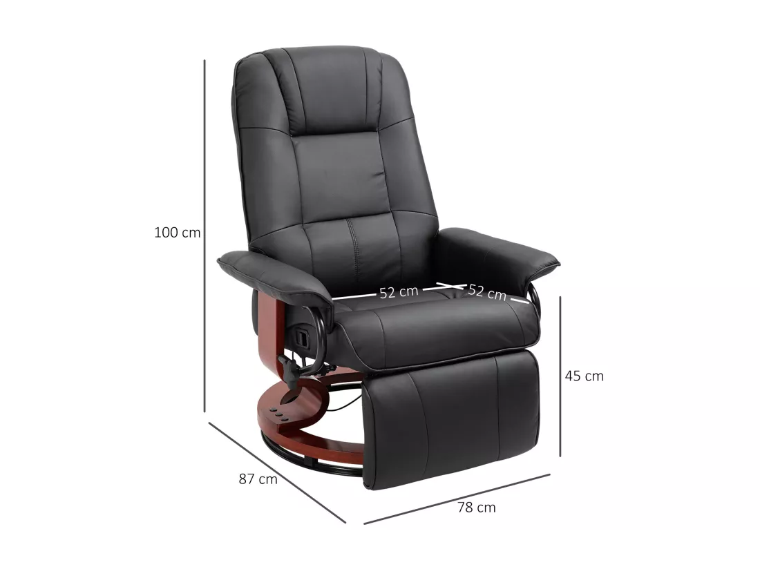 Fauteuil relax inclinable repose-pieds réglable pivotant 360° piètement bois revêtement PU noir