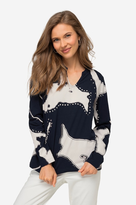 T-Shirt, Insel Print, V-Ausschnitt, Langarm