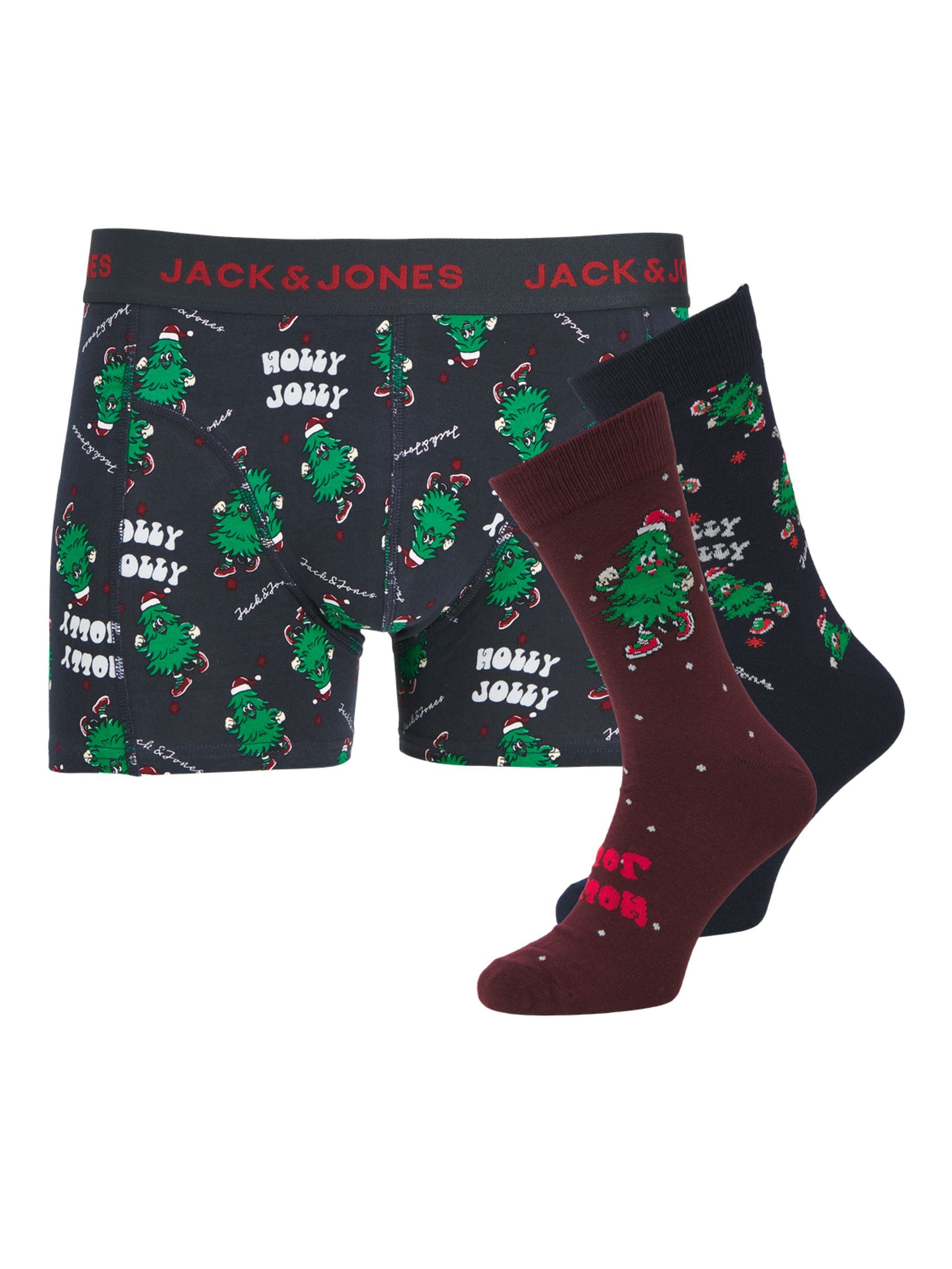 Blauw - Jack & Jones cadeauset van boxershorts en sokken met kerstrendier