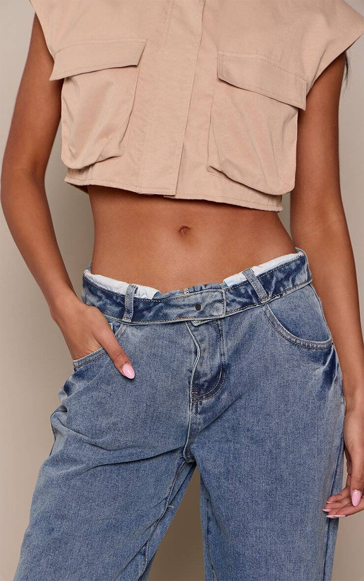Mid Blue Wash Jean Large Taille Haute À Revers Délavage Vintage Bleu
