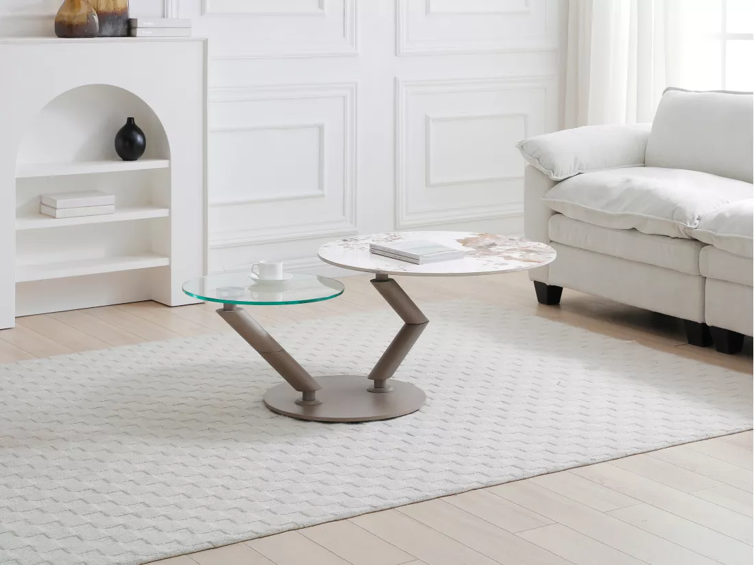Table basse avec plateaux pivotants en céramique, verre trempé et métal taupe - Effet marbre blanc et gris - ELDOVA