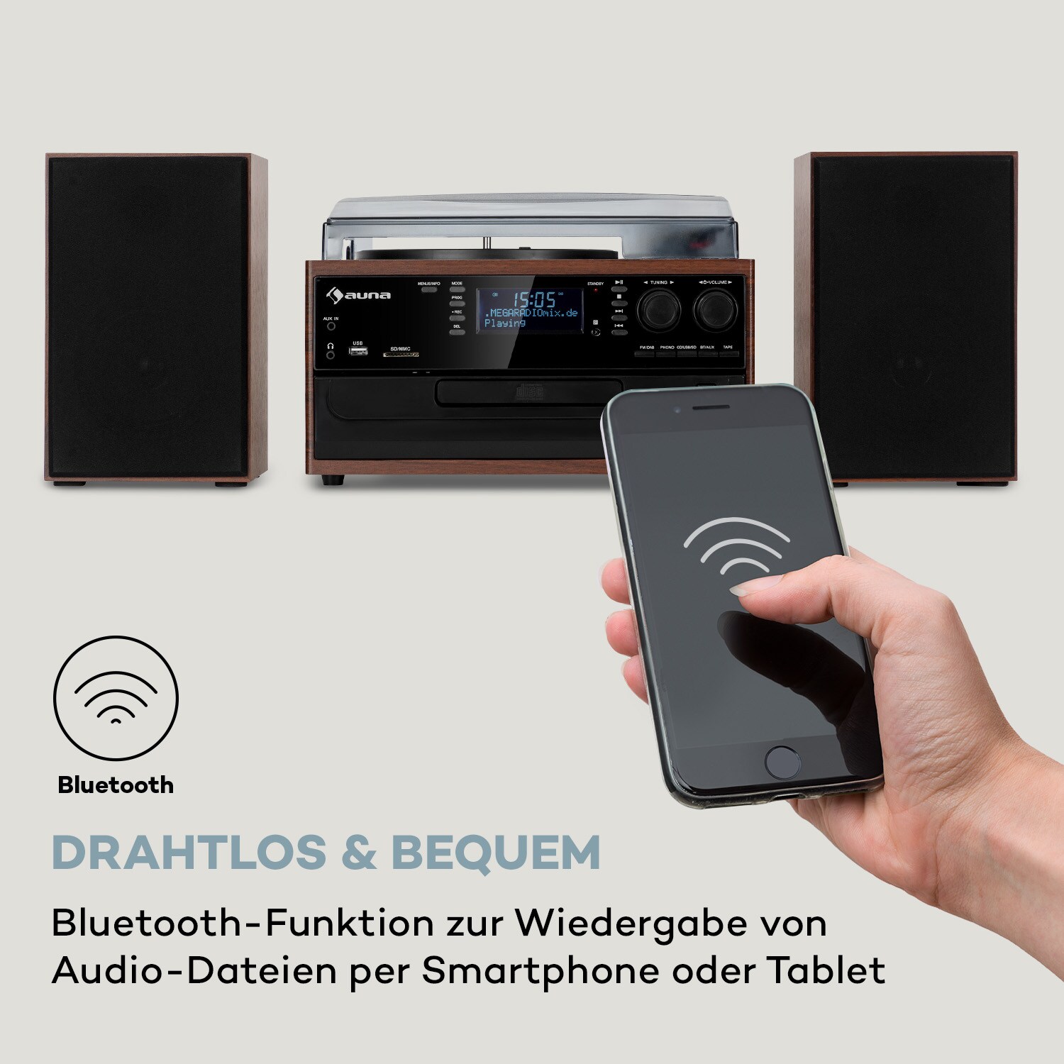 Oakland DAB Plus Retro-Stereoanlage DAB+/FM BT-Funktion Vinyl CD Kassette inkl. Lautsprechern