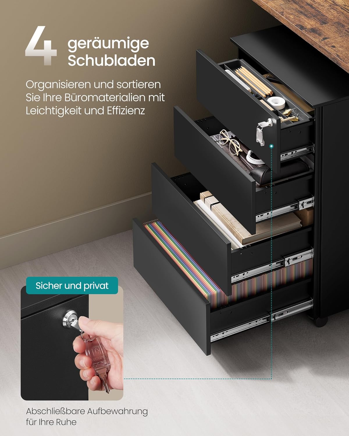 SONGMICS Schubladenschrank, Rollcontainer, mobiler Aktenschrank, Metallschrank, Druckertisch, abschließbar, 4 Schubladen, vormontiert, Büro, Homeoffice, 45 x 39 x 69 cm, tintenschwarz OFC064B16