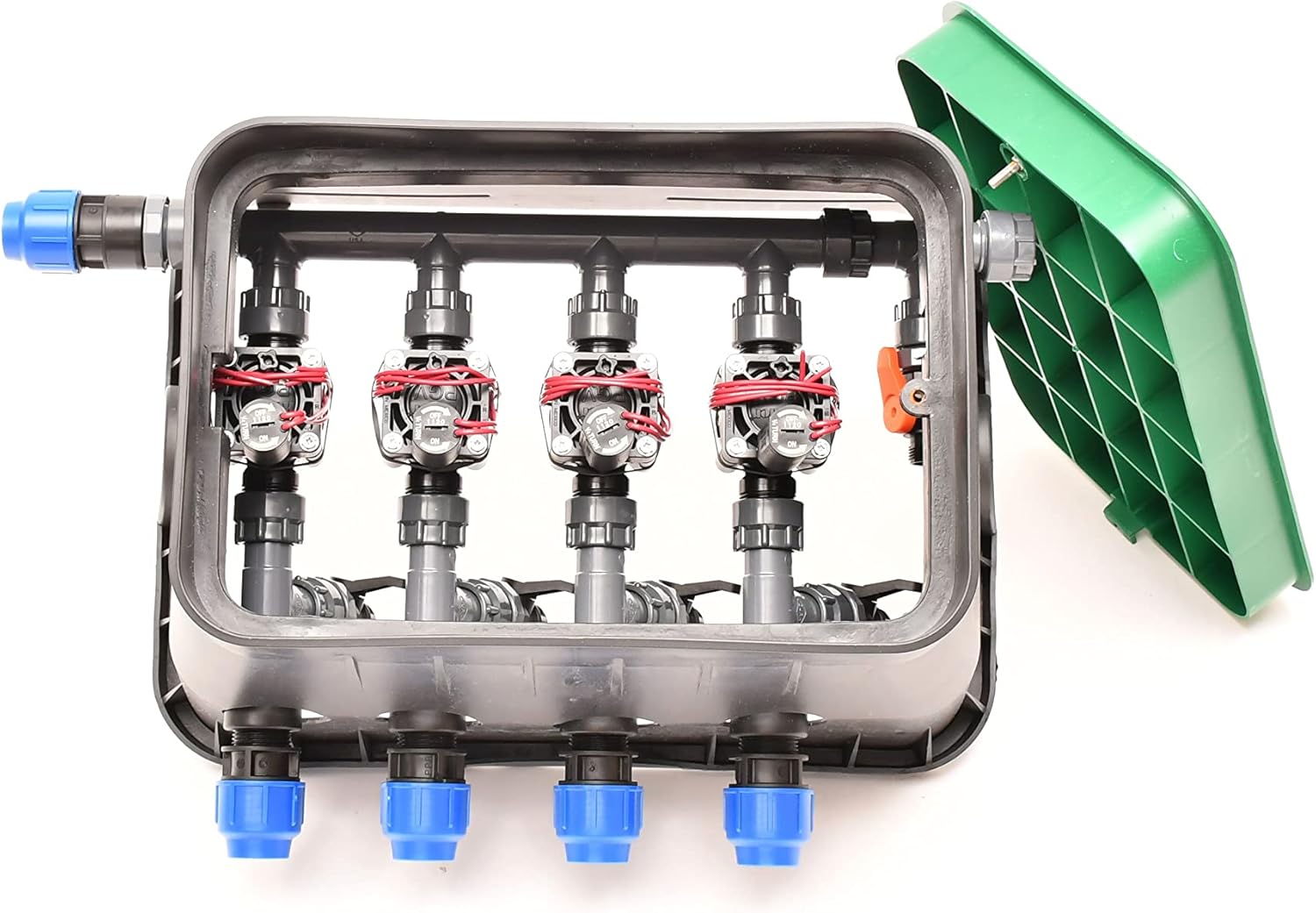 Plug&Rain Ventilbox ECO - 4 x Hunter PGV-100-MM Magnetventil (4 Zonen), 25 mm Anschlüsse für 3/4' PE-Rohr Bewässerung, 24 V AC Unterflur PE-Verteilung, PGV 100 MM