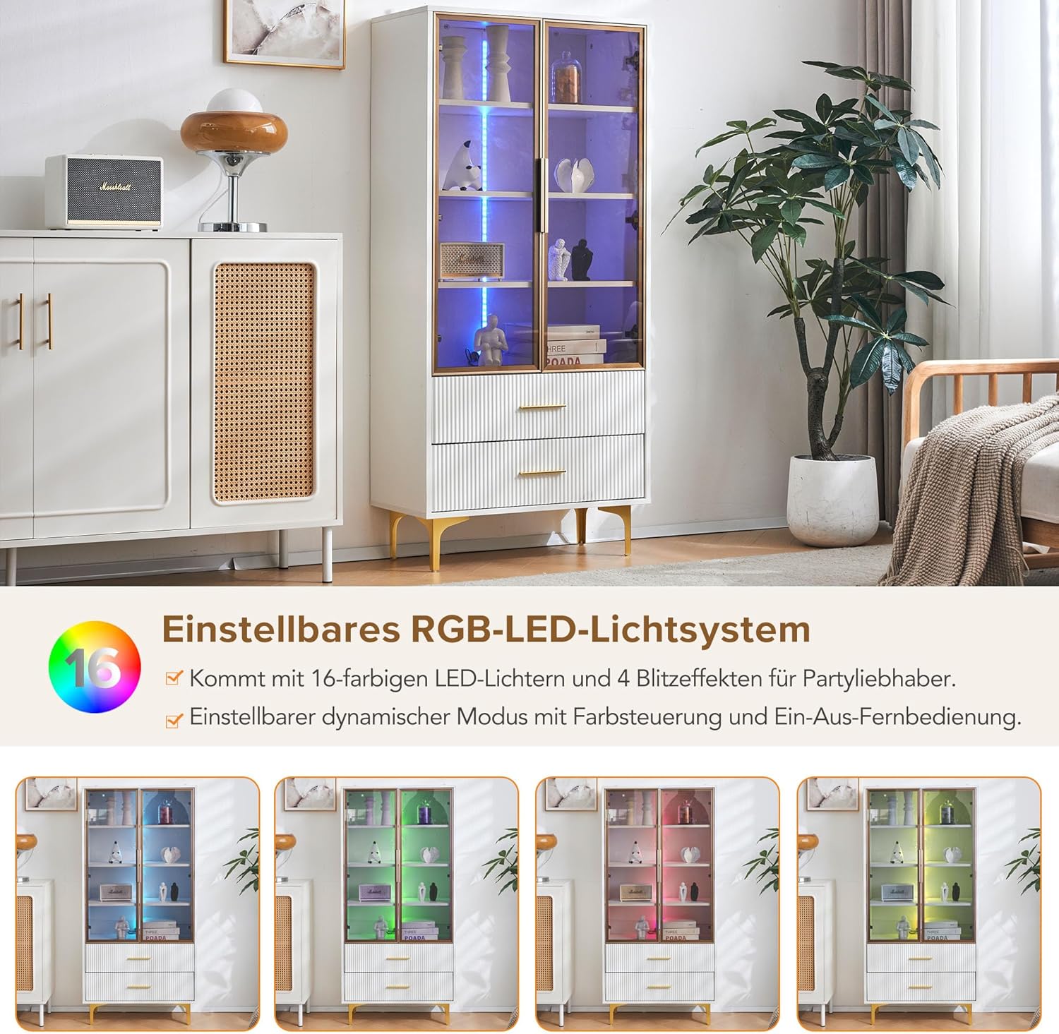 Elegante Glasvitrine mit Zwei Türen - 70 * 35 * 150cm - Glastüren, goldene Beine, bewegliche Einlegeböden, Vitrine mit LED-Licht, Schrank, Glasvitrine, Hochschrank, Standvitrine