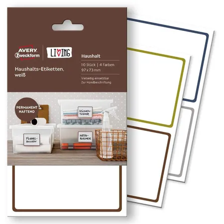 Avery Zweckform 62009 Haushaltsetiketten, weiß, 97 x 73 mm, 5 Bogen/10 Etiketten, 4 Farben pro Packung