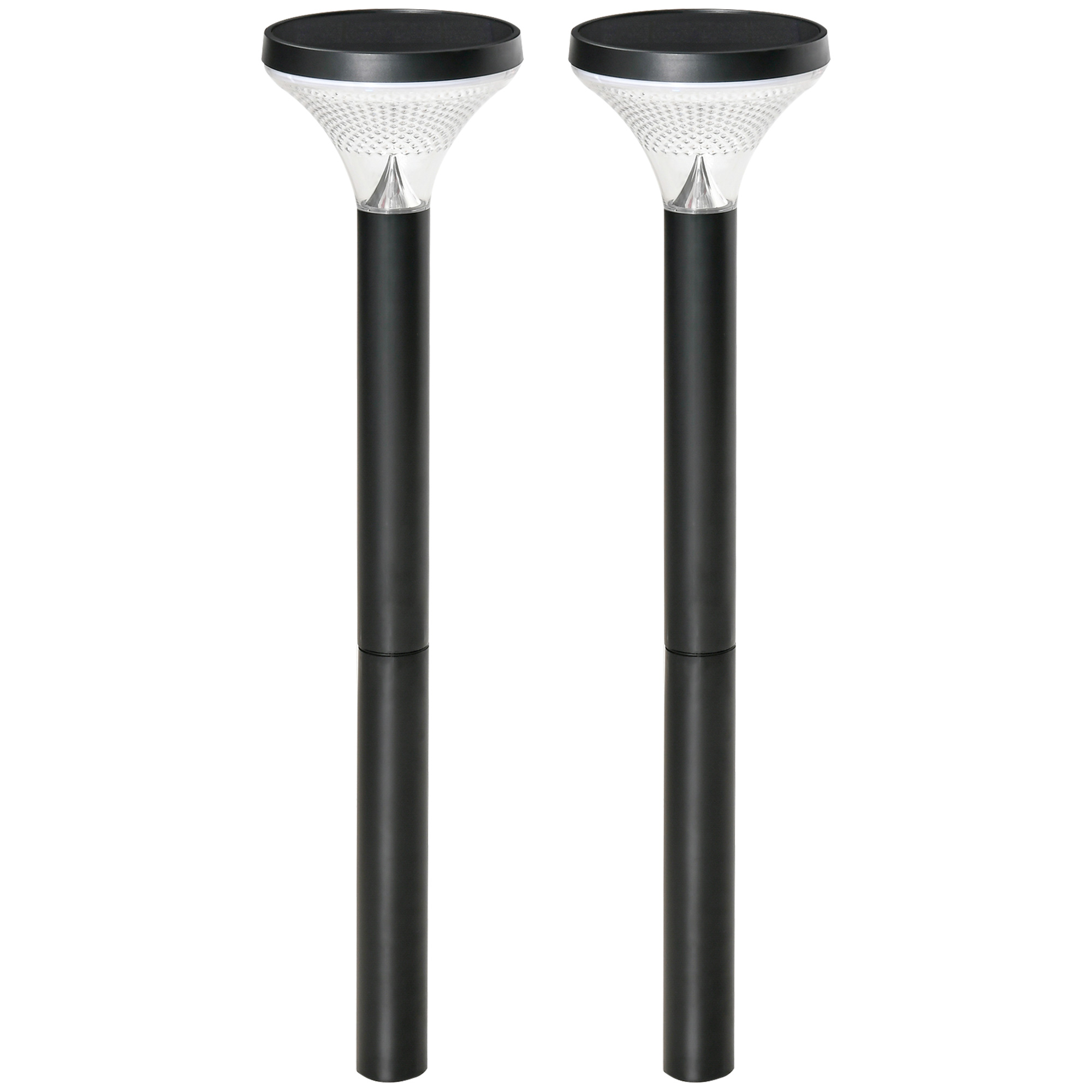 Conjunto de 2 luminárias solares de chão Outsunny com LED, 91,5 cm de altura, classificação IP44, ideais para jardim, pátio, parque e áreas externas, na cor preta.
