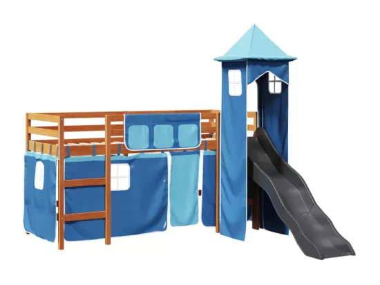 Lit mezzanine enfants avec tour bleu 90x200 cm bois pin massif