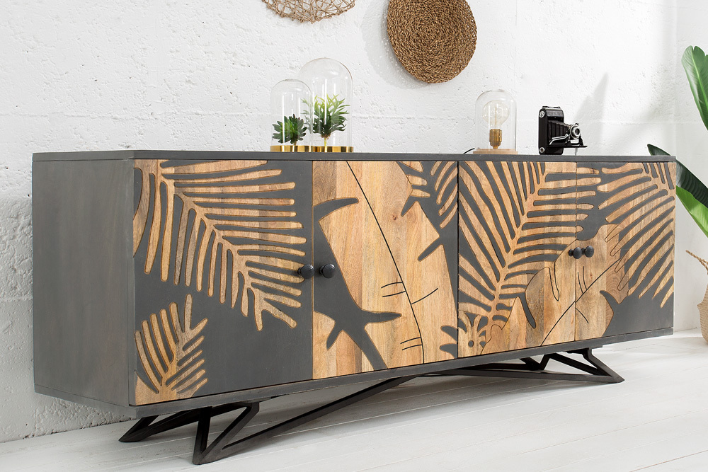 Massives Sideboard TROPICAL 160cm grau Mangoholz florales Design Boho Metallgestell