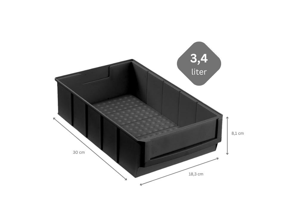 PROREGAL Geleidende industriële doos 300 B HxBxD 8,1 x 18,3 x 30 cm 3,4 liter ESD-opbergdoos Assortimentsdoos Kleine onderdelendoos