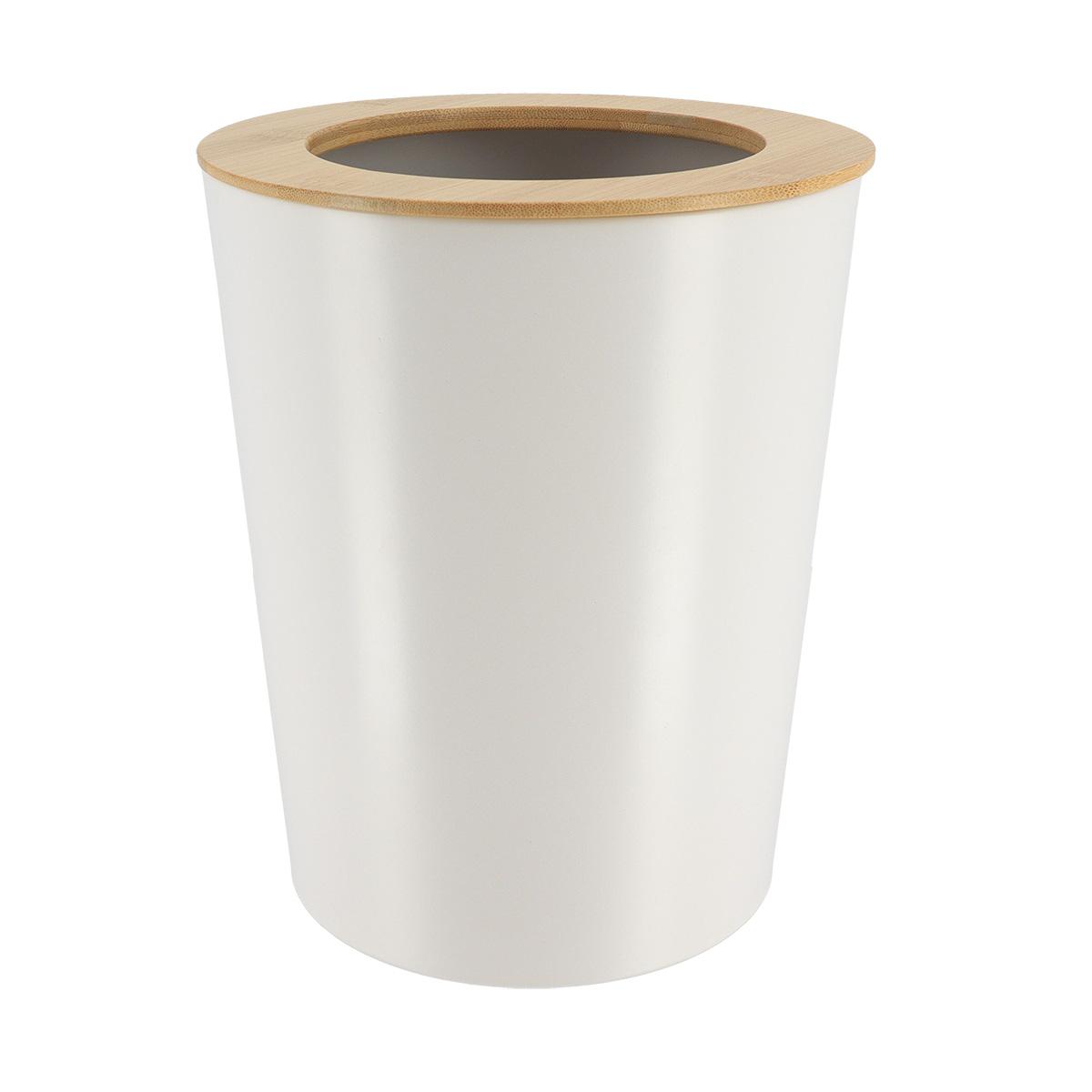 POUBELLE METAL EVASEE COUVERCLE BAMBOU 5L BLANC