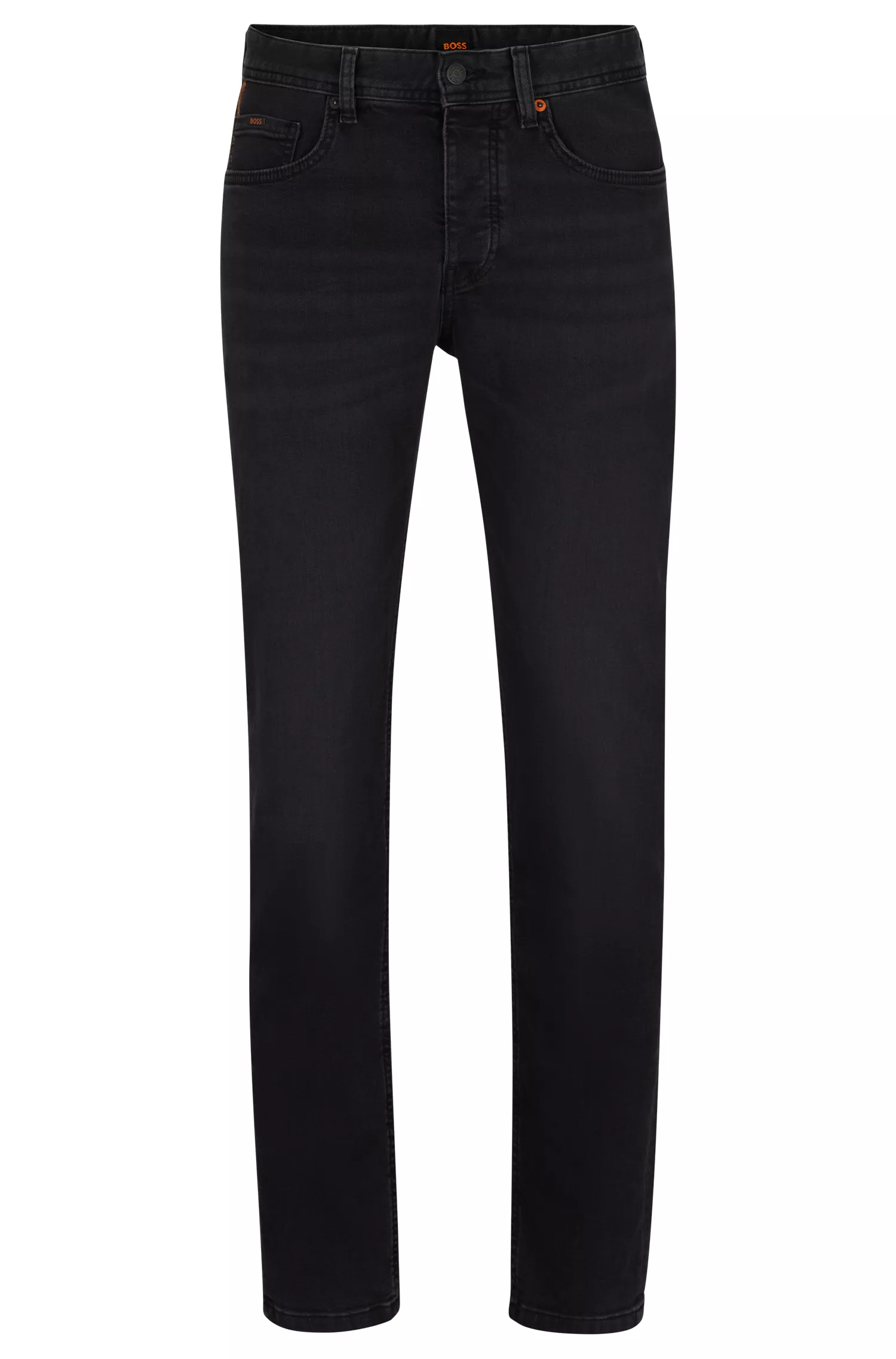 Calça jeans BOSS laranja, corte afunilado, em denim preto super elástico.