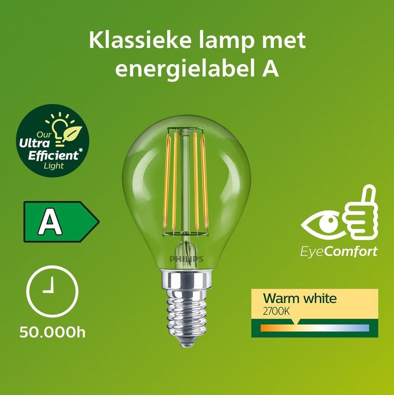 Philips Ultra Efficient LED kogellamp Transparant - 40 W - E14 - Warmwit licht - Energielabel A
