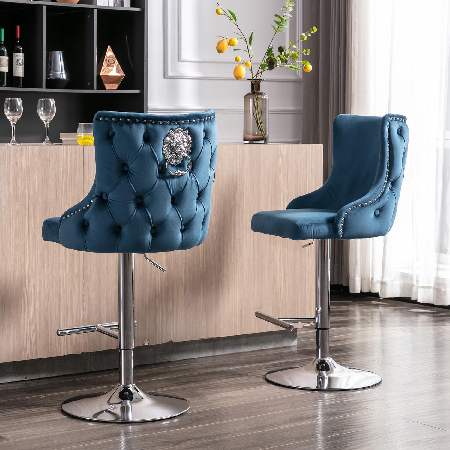 chairus Barhocker 2er Set Samt, Barstuhl Höhenverstellbar Moderne Tresenhocker mit Lehne Küchenhocker Drehbar für Küche, Theke,Blau