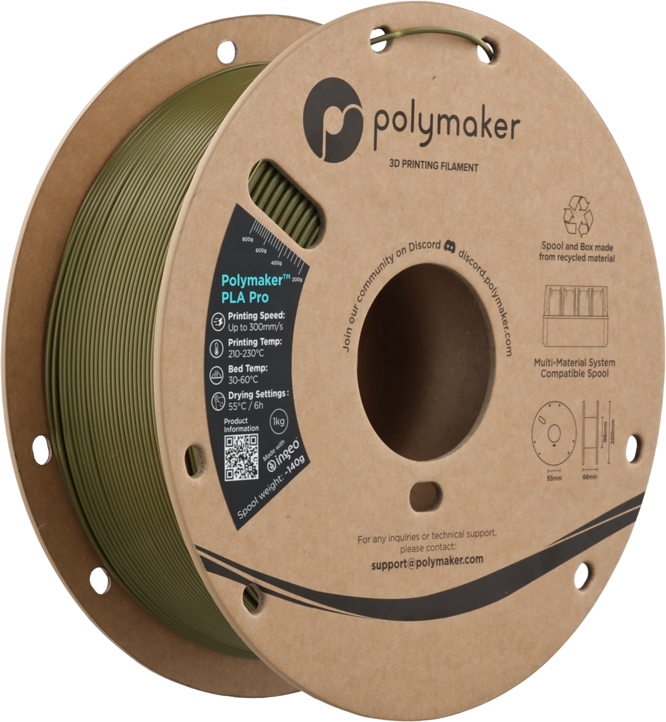 Polymaker  PLA Pro Army Green, 1,75 mm / 1000 g    Neue, verbesserte Formulierung: Hochleistungs-High Speed-PLA in Army Green