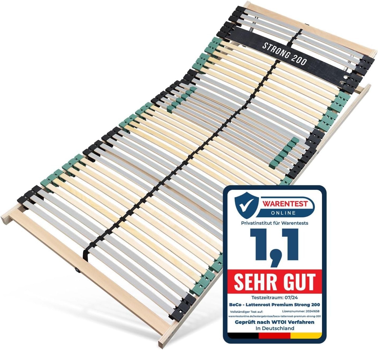 Lattenrost 90x200 Premium Strong bis 200Kg, Kopfteil verstellbar, 7-Zonen-Lattenrost mit 42 Latten, Made in Germany, extra stabil aus Buchenholz