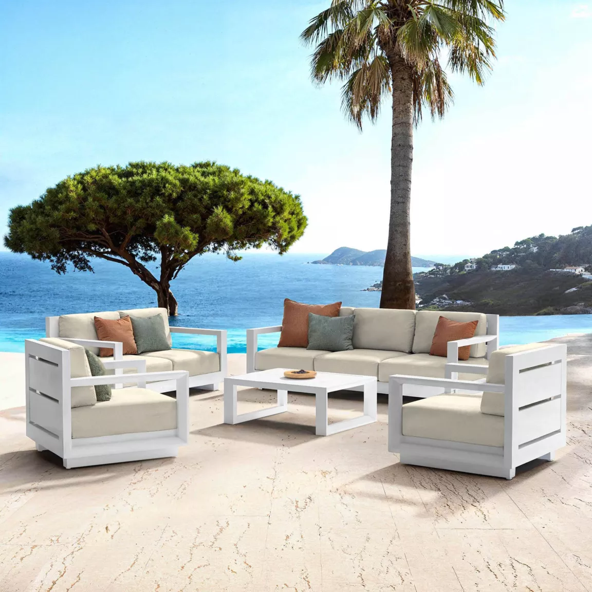 Salon de jardin aluminium 7 places 5 pcs Elba Blanc et beige