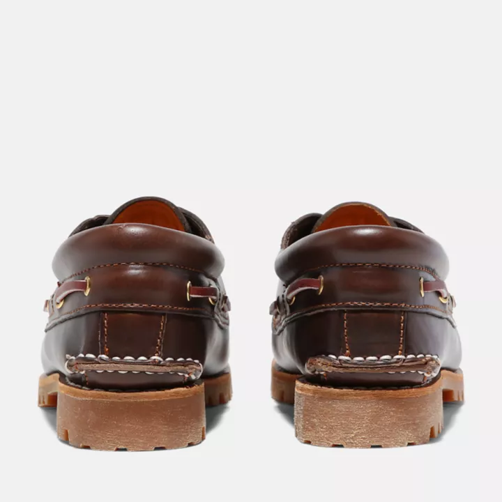 Chaussure bateau Noreen cousue main à 3 œillets pour femme en marron