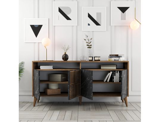 CONCEPT1 - Bahut Milan noyer marbre noir 160 x 35 x 78cm